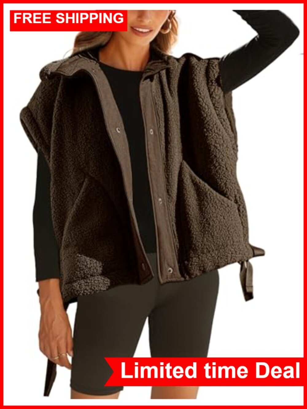 Women's Fleece Vest Sleeveless Button Up Fuzzy Sherpa Jacket Loose Fit